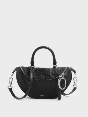Charles & Keith Wrinkled Effect Semi-Circle Crossbody Bag Siyah | XZGA-46539