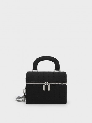 Charles & Keith Yastıklı Handle Textured Crossbody Bag Siyah | JZLB-16895