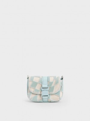 Charles & Keith Zetta Belt Tokalı Checkered Mini Bag Açık Mavi | FNCI-30615