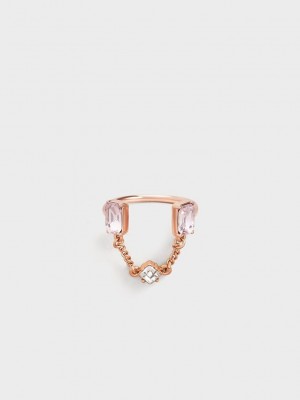 Charles & Keith Zira Crystal Chain-Link Open Ring Pembe Altın | FUCW-69127