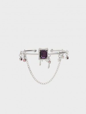 Charles & Keith Zira Crystal Charm Cuff Bracelet Gümüş | RTJO-46379