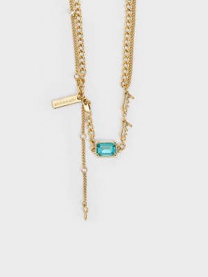 Charles & Keith Zira Crystal Charm Double Necklace Altın | NYKO-28619