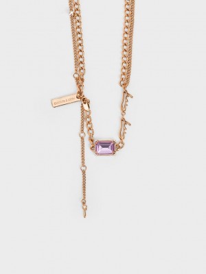 Charles & Keith Zira Crystal Charm Double Necklace Pembe Altın | XYKW-07914