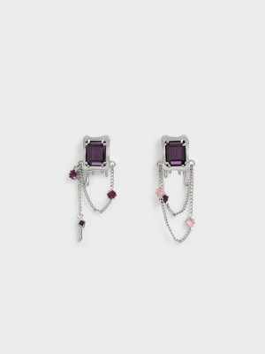 Charles & Keith Zira Crystal Charm Drop Earrings Gümüş | BKTP-58729