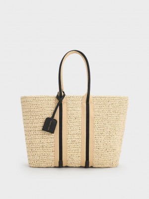 Charles & Keith Çizgili Handles Raffia Tote Bag Siyah | FGZI-61782