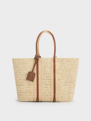 Charles & Keith Çizgili Handles Raffia Tote Bag Çikolata | ZKCA-54786
