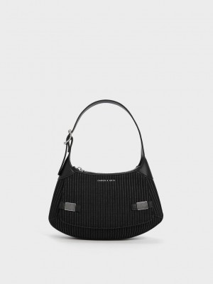 Charles & Keith Çizgili Metallic-Accent Curved Shoulder Bag Koyu Gri | ADIM-40627